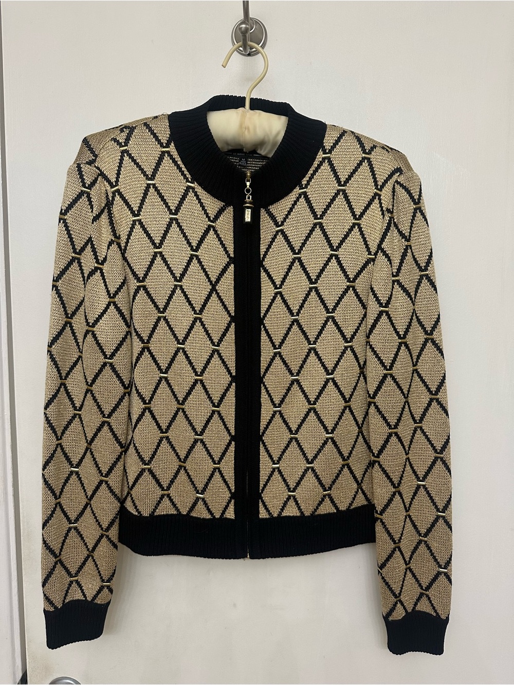 St. John Beige and Black Geometric Zip Bomber Jacket